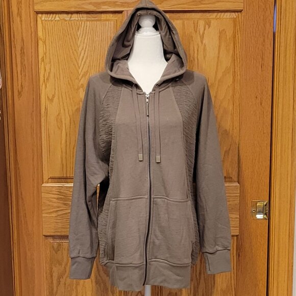JoyLab Taupe Neutral Longline Zip Up Hooded Jacket Oversized Relaxed Fit NEW - Picture 8 of 15